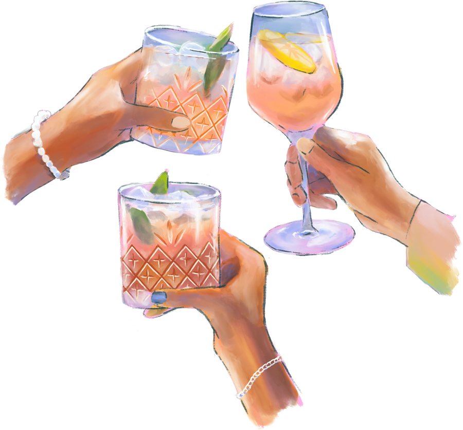 Pink Orange Gin Fizz Cocktail Toast Textured Detailed Vibrant Trendy Cheering Glass Drinks Alcohol Friends Couple Group